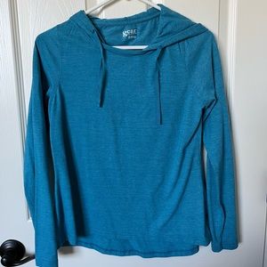 Lightweight teal pullover top with hood.